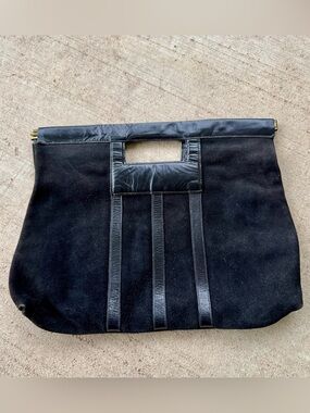 Vintage Large Black Suede Leather Clutch Purse Handbag